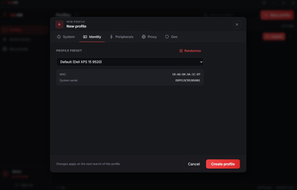 VexVM identity profile with MAC and serial