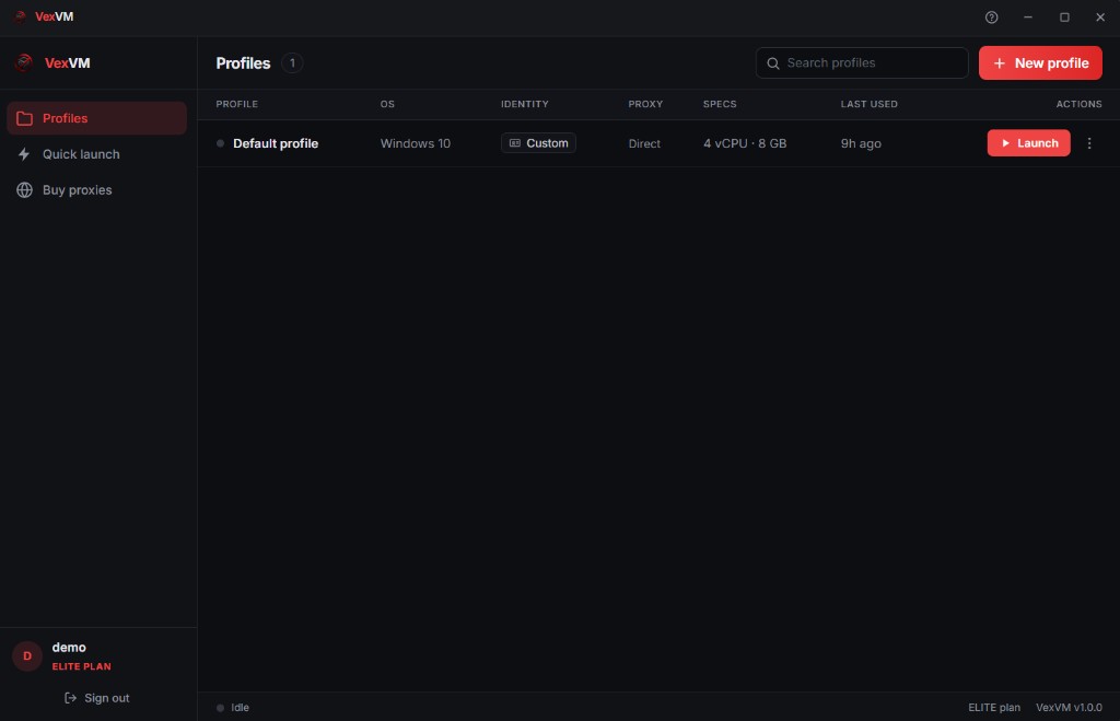 VexVM launcher showing a profile list