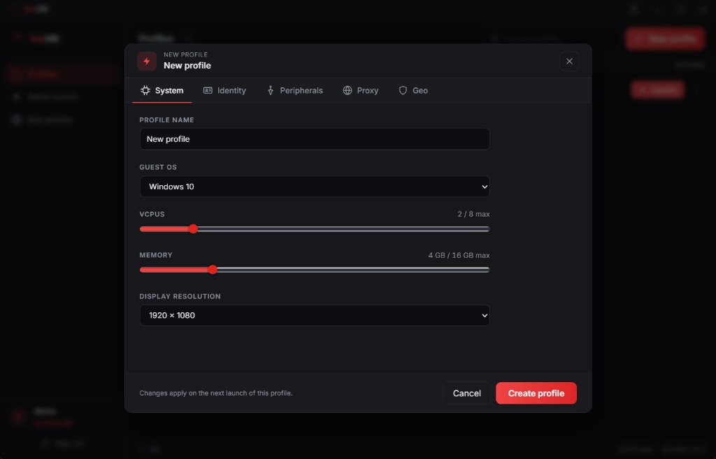 VexVM new profile system settings